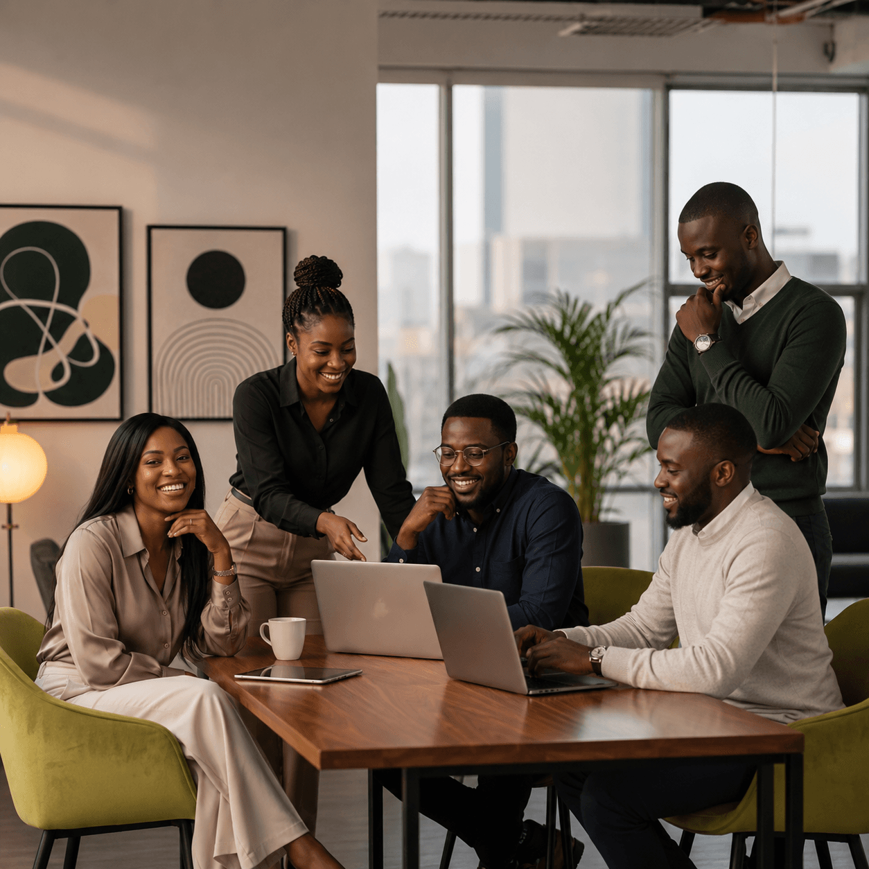 A team collaborating around a laptop in an office